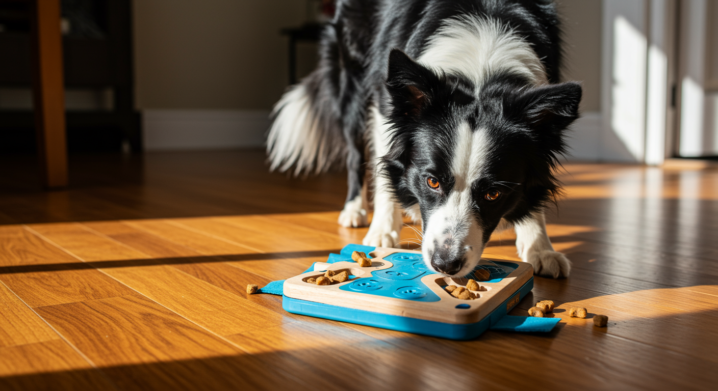 Border Collie solving an Outward Hound puzzle toy