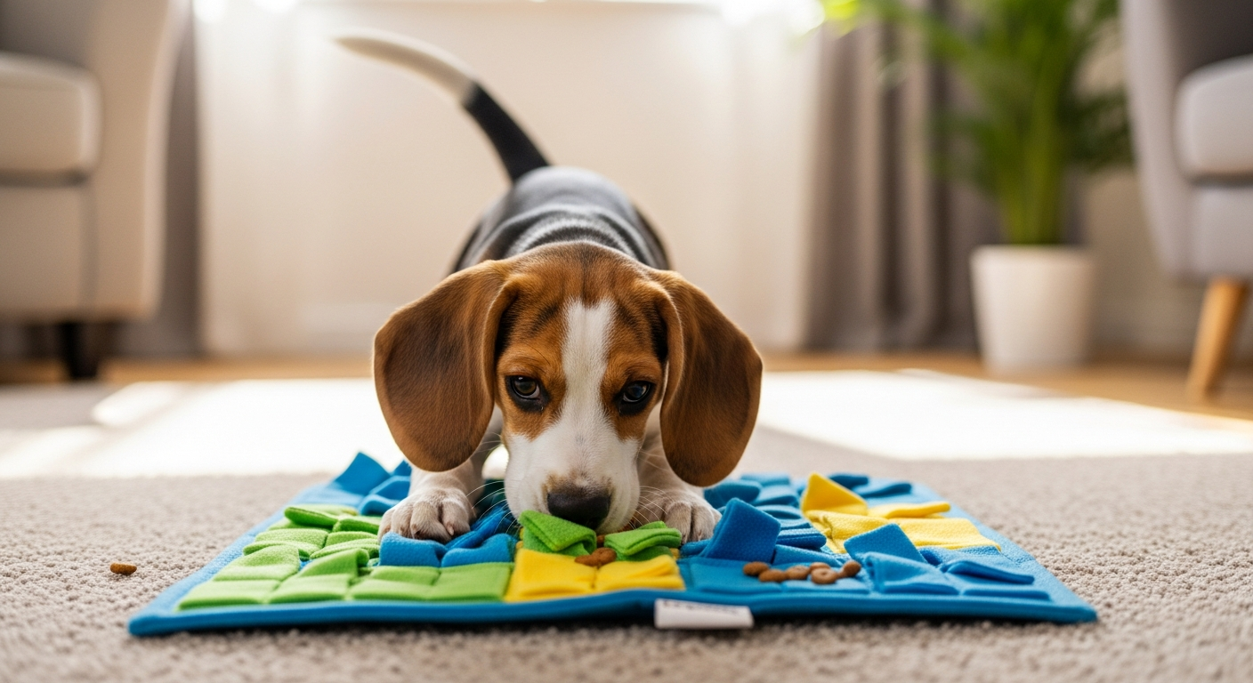 Beagle puppy engaging with a beginner puzzle mat on carpet